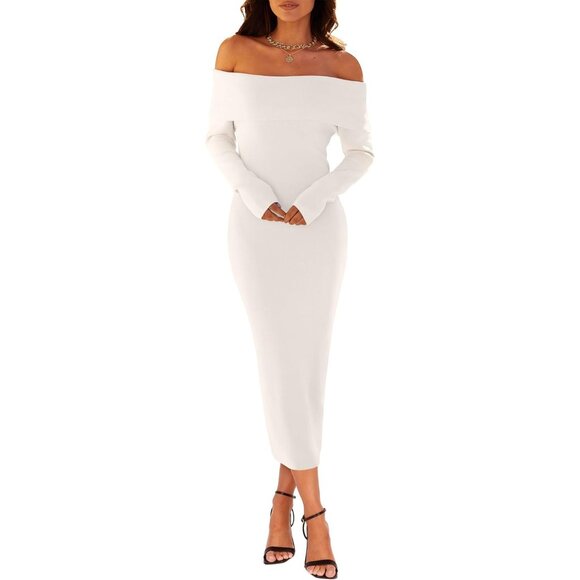 Merokeety Women's White Off Shoulder Long Sleeve Elegant Bodycon Midi Dress - Picture 3 of 9